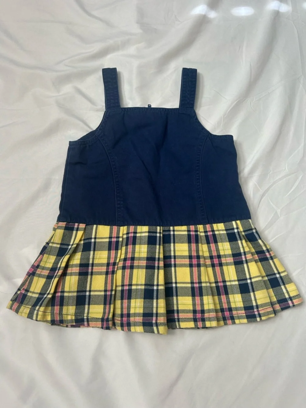 90’s  Y2K Winnie the Pooh Peplum Dress Jumper Yellow Navy Embroidered Plaid 3T